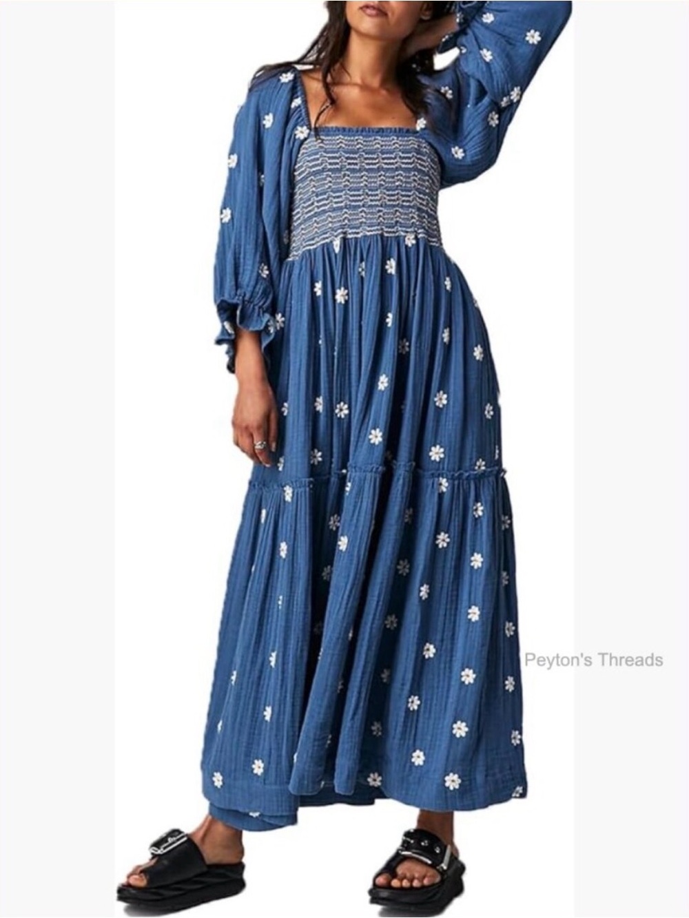 ππ»NWT Free People Womenβs Dahlia Floral Boho Embroidered Smocked Maxi Dress L